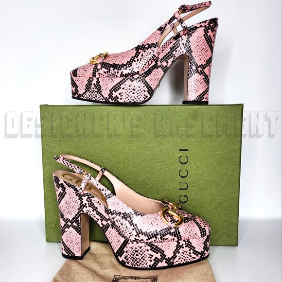 GUCCI pink Python print Calfskin 38.5-8.5 gold Horsebit slingback platform shoes - Picture 3 of 10